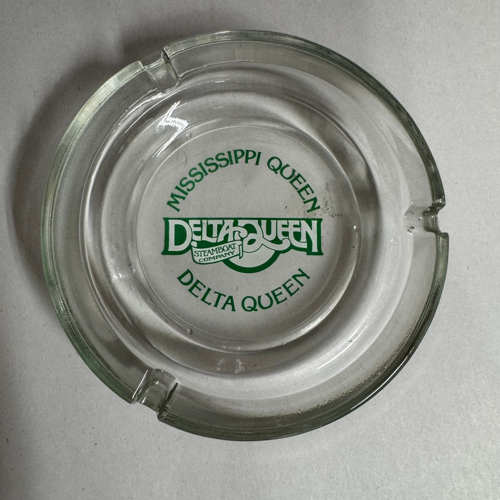 Delta Queen Steamboat Company Mississippi Queen Glass Ashtray Green Logo Vintage